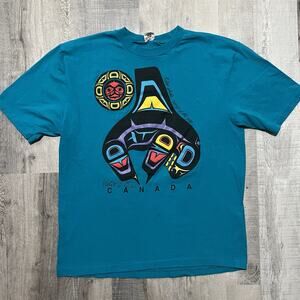 VTG Northwest Coat Art Tee Blue Victoria BC Canada Killer Whale T Shirt Sz Large
